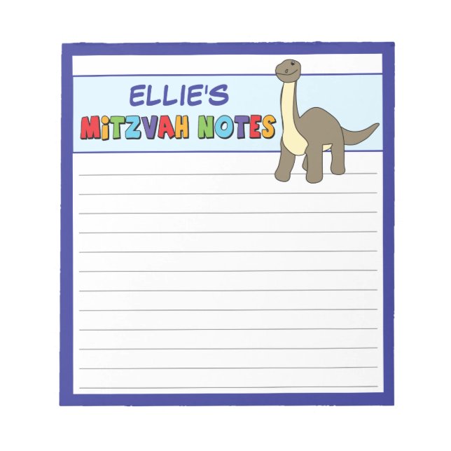 Bloco De Notas Dinossauro Personalizado Mitzvah Azul (Frente)
