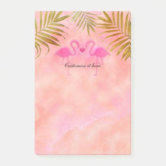 Bloco De Notas Dois Flamingos Rosa Aquarela Tropical Post-it (Frente)