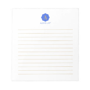 Bloco De Notas Dourado & Azul Simples Monograma Moderno Personali