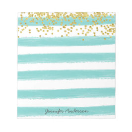 Bloco De Notas Dourado Confetti Personalize Moderno Stripe Teal