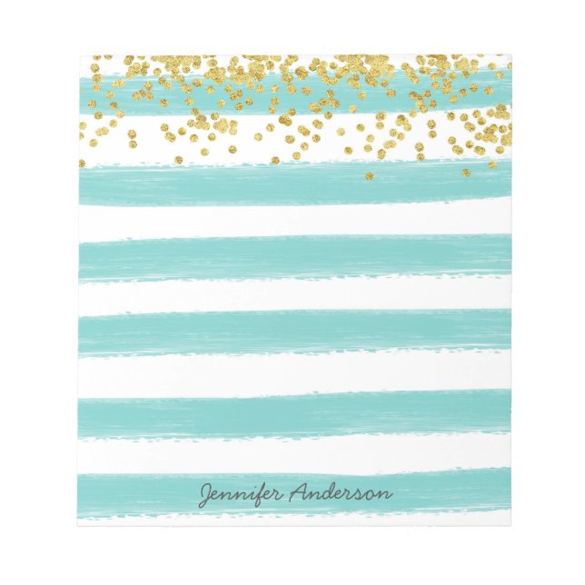 Bloco De Notas Dourado Confetti Personalize Moderno Stripe Teal (Frente)