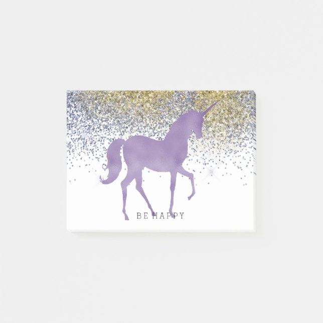 Bloco De Notas Dourado Faux Glitter Purple Unicorn Personalizado (Frente)