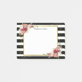 Bloco De Notas Dourado Floral Preto-Branco Estimulado | Personali