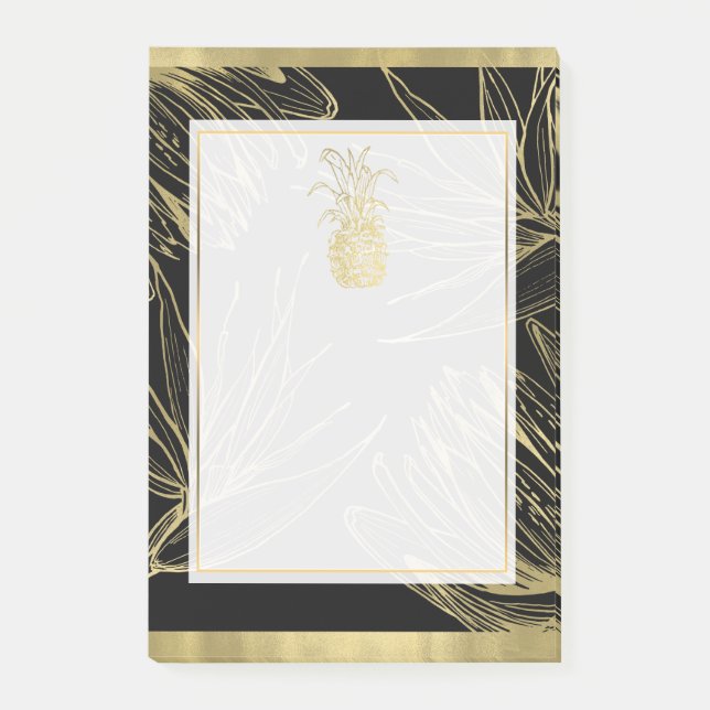 Bloco De Notas Dourado & Preto Tropical Abacaxi Botânico Floral (Frente)
