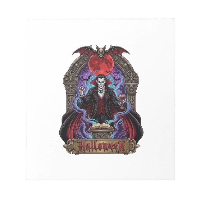 Bloco De Notas Drácula de Halloween Lua Vermelha Morcegos Caveira (Frente)