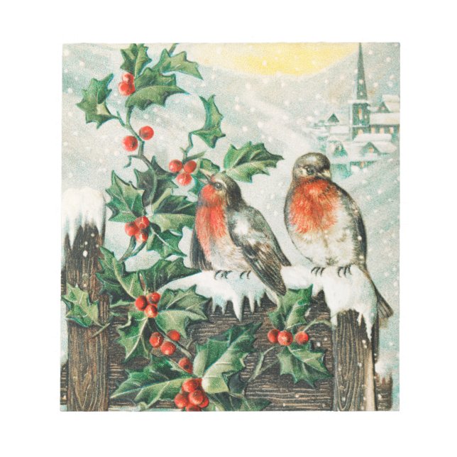 Bloco De Notas Duas robins em uma cerca na neve (Frente)