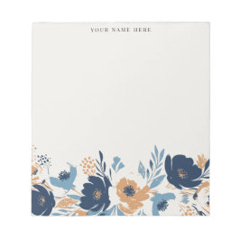 Bloco De Notas Dusty Blue and Orange Floral Watercolor with Name