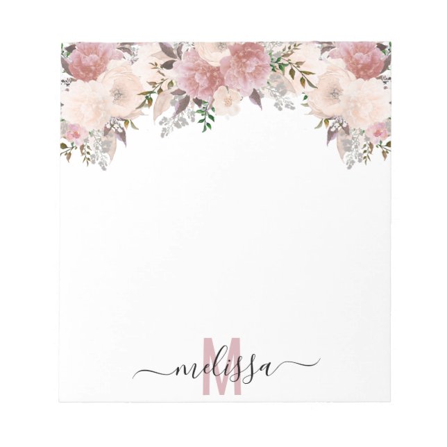 Bloco De Notas Dusty Rosa Watercolor Monograma Floral (Frente)