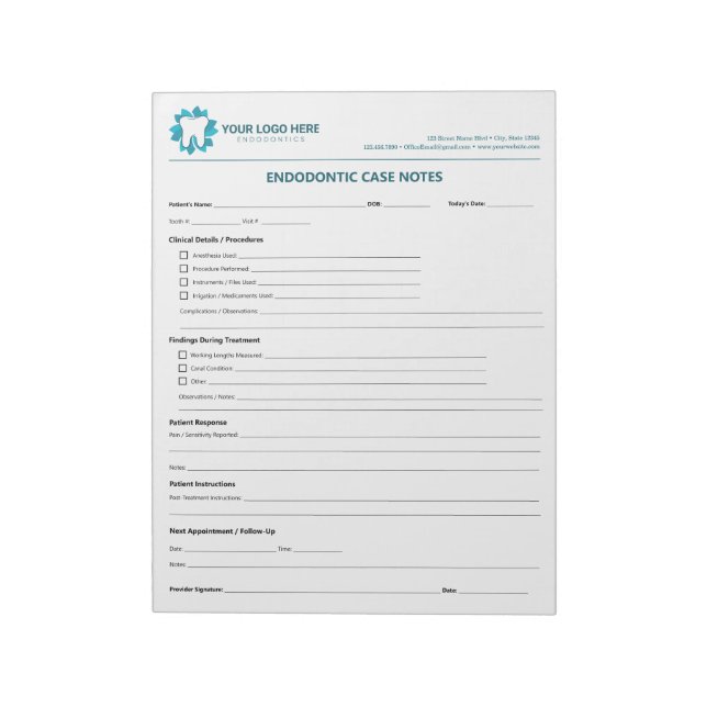 Bloco De Notas Editable Endodontic Treatment Progress Notepad (Invertido)