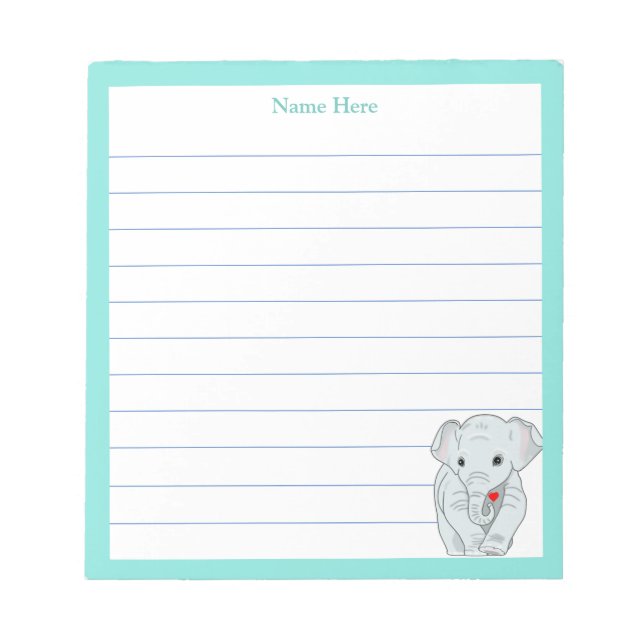 Bloco De Notas Elefante Fofo com Moldura Turquesa Enfileirada (Frente)