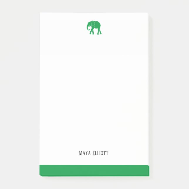 Bloco De Notas Elefante Verde Branco e Brilhante e Borda, Nome (Frente)
