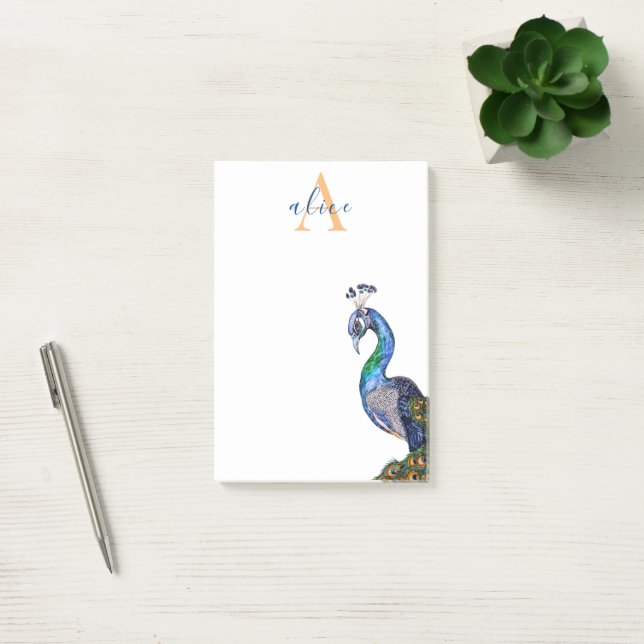 Bloco De Notas Elegante Aquarela Monograma de Peacock (Escritótio)