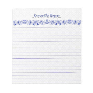 Bloco De Notas Elegante Blue Floral Lace E Damascos Brancos 2