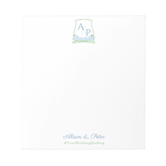 Bloco De Notas Elegante Blue Watercolor Crest Bridal (Frente)