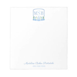 Bloco De Notas Elegante Blue Watercolor Monograma Crest Lady