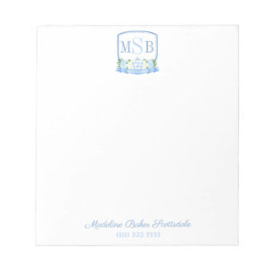 Bloco De Notas Elegante Blue Watercolor Monograma Crest Lady