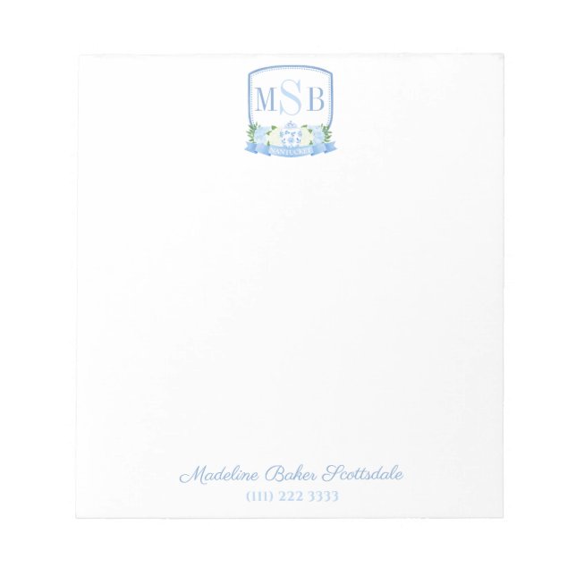 Bloco De Notas Elegante Blue Watercolor Monograma Crest Lady (Frente)