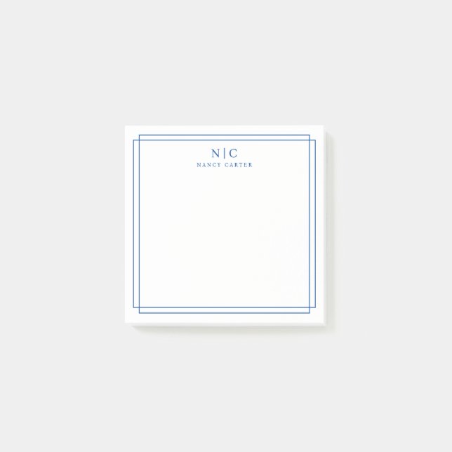 Bloco De Notas Elegante Borda Geométrica Azul Naval com Dois Mono (Frente)