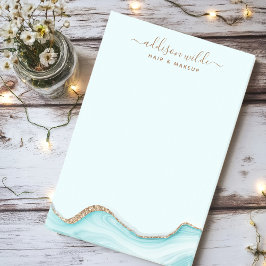 Bloco De Notas Elegante Brilho Dourado Azul Mármore Ágata Moderno