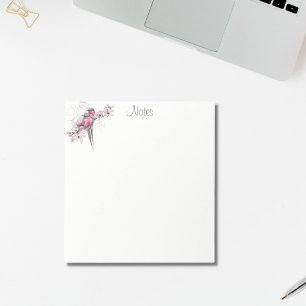 Bloco De Notas Elegante Chic Aquarela Pássaros Rosa Dourado Flora