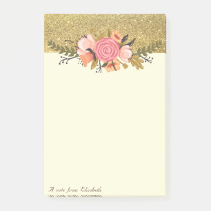 Bloco De Notas Elegante Chique, Brilho Dourado, Flores