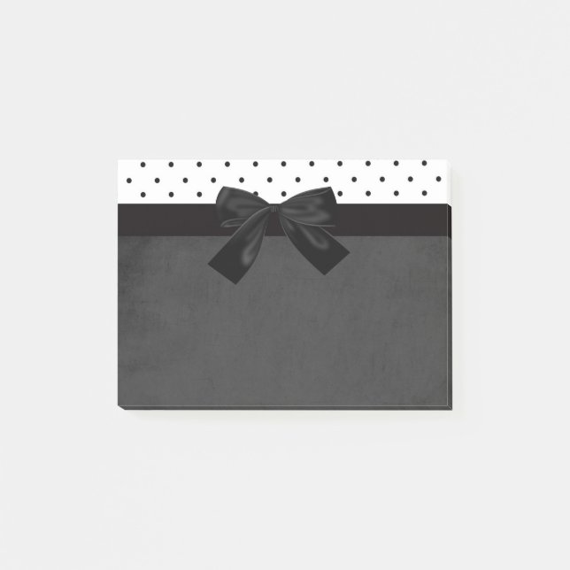 Bloco De Notas Elegante Chique Preto, Branco Bolinhas - Laço Pret (Frente)