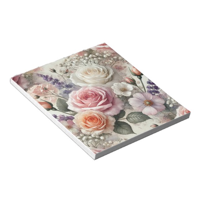 Bloco de Notas Elegante com Padrão de Rosas Rosa e (Inclinado)