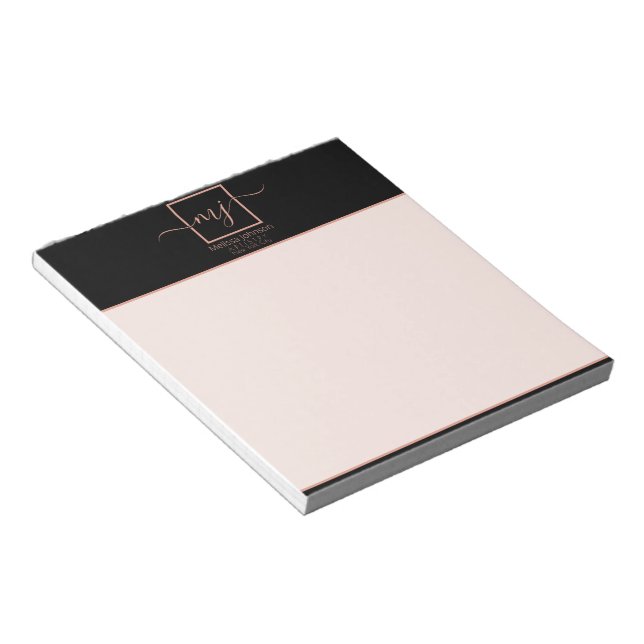 Bloco De Notas Elegante Dourado Rosa no Preto (Inclinado)