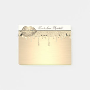 Bloco De Notas Elegante Feminino, Pingos de Brilho Dourado, Lábio