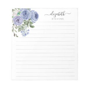 Bloco De Notas Elegante Floral Dusty Blue Watercolor Script Rosa