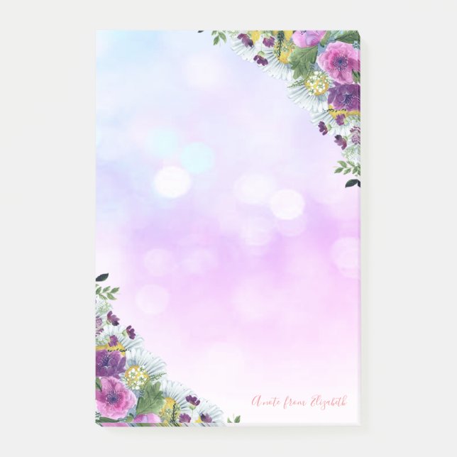 Bloco De Notas Elegante, Glamouroso, Flores em Aquarela com Bokeh (Frente)
