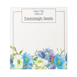 Bloco De Notas Elegante Jardim Floral Aquarela Azul Branco