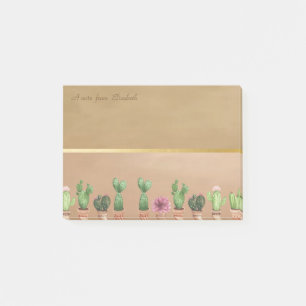 Bloco De Notas Elegante Listra Dourada Chic, Cacto Aquarela