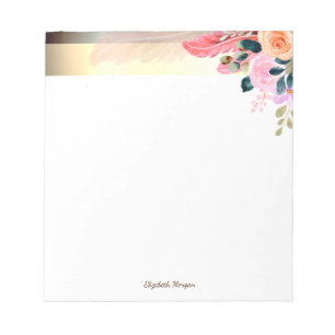Bloco De Notas Elegante Listra Dourada Estilosa, Flor Pena