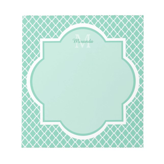 Bloco De Notas Elegante Mint Green Quatrefoil Monograma Com Nome (Frente)