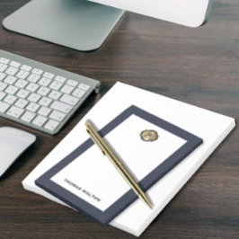 Bloco De Notas Elegante Monograma Dourado Azul Visão de Couro