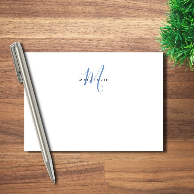 Bloco De Notas Elegante Monograma Moderno em Branco e Azul com Le (Criador carregado)