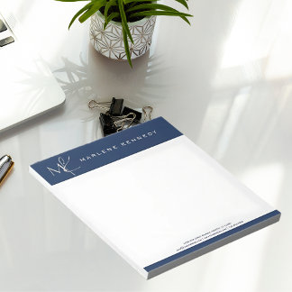 Bloco De Notas Elegante Monograma Personalizado em Prata Azul-Nav