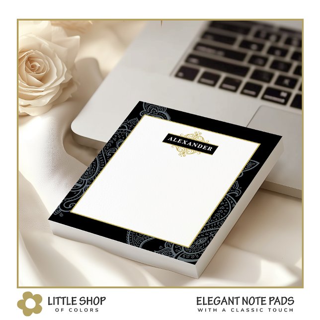 Bloco De Notas Elegante Monograma Personalizável Preto e Dourado  (Criador carregado)
