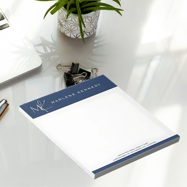 Bloco De Notas Elegante Monograma Prata Personalizado Azul Naval (Criador carregado)
