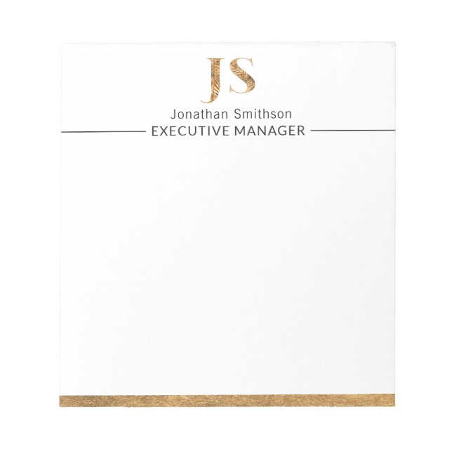 Bloco De Notas Elegante Personalizado Monograma Branco e Dourado  (Frente)