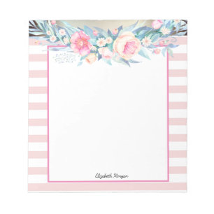 Bloco De Notas Elegantes Listras Rosa,Flores Aquarela Elegantes