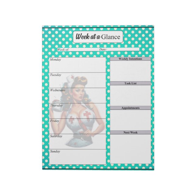 Bloco De Notas Enfermeira Pinup abençoada _ Semana Num Olhar (Invertido)