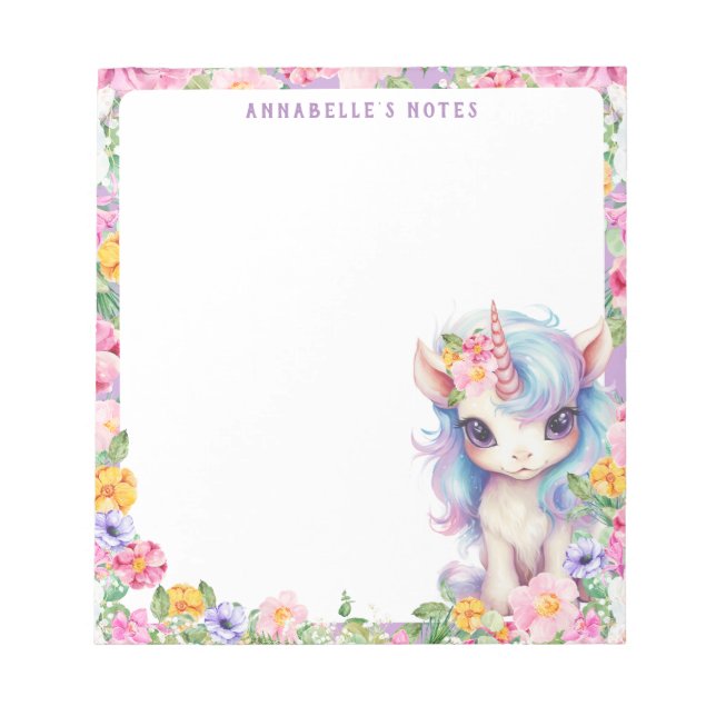 Bloco De Notas Escola Rainbow Unicorn Cute Floral Roxo (Frente)