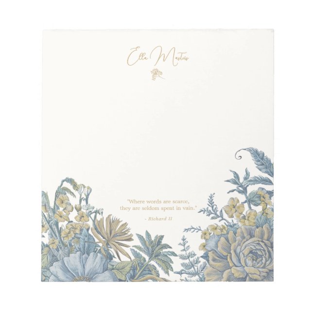 Bloco De Notas Escoteiro Elegante Floral Personalizado Azul-Chic (Frente)