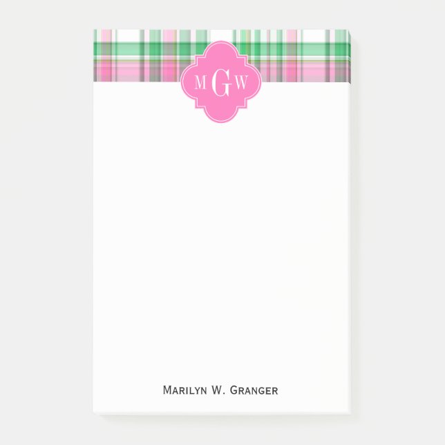 Bloco De Notas Esmeralda Verde Rosa Quente Branco Madras Monogram (Frente)
