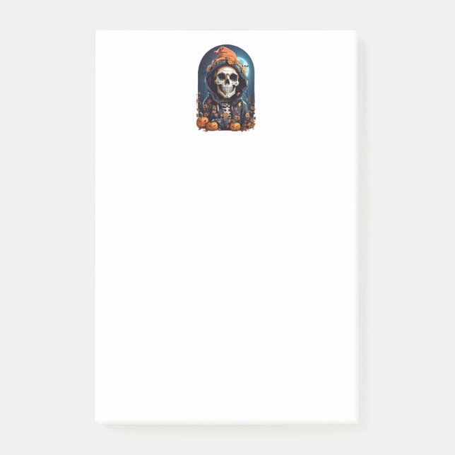 Bloco De Notas Esqueleto Sinistro e Abóboras de Halloween de Outo (Frente)