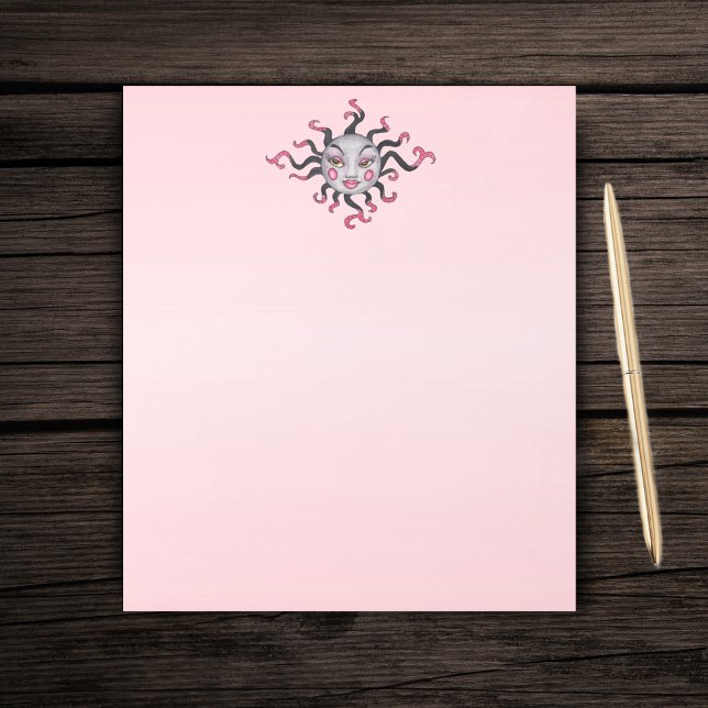 Bloco De Notas fantasia Sol Bonito Rosto Preto Rosa Rays (Grey pink black sun with pretty face pink lips and fancy scrolled rays on pink paper notepad.)
