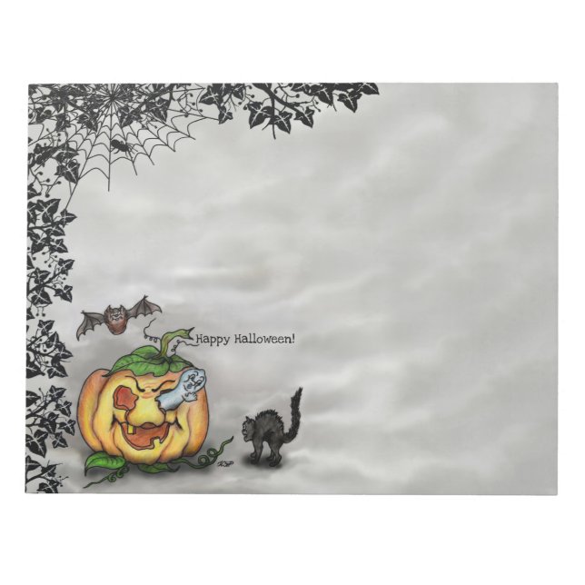 Bloco De Notas Fantasma, Gato, Bat e Pumpkin, Feliz Halloween! (Frente)