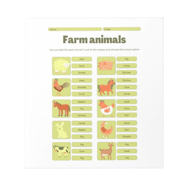 Bloco De Notas Farm Animals Identification Educational Worksheet (Frente)